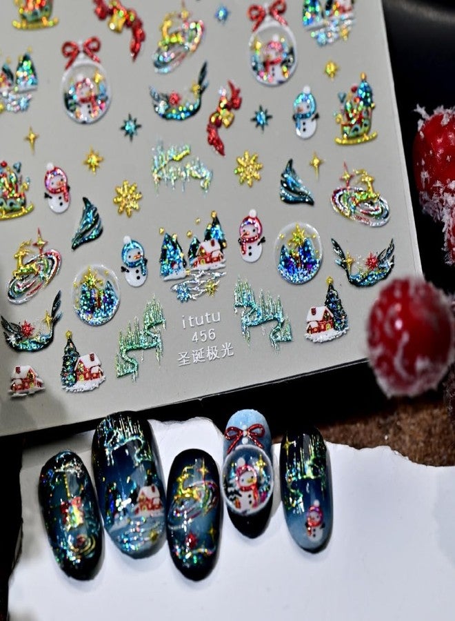 Maigitur Christmas Nail Stickers for Nail Art 3D Self Adhesive Laser Colorful Nail Art Stickers Aurora Crystal Ball Nails Designs Glitter Snowman 5D Embossed Nails Decals for Women DIY Acrylic Nail 1 Sheet - Image 2